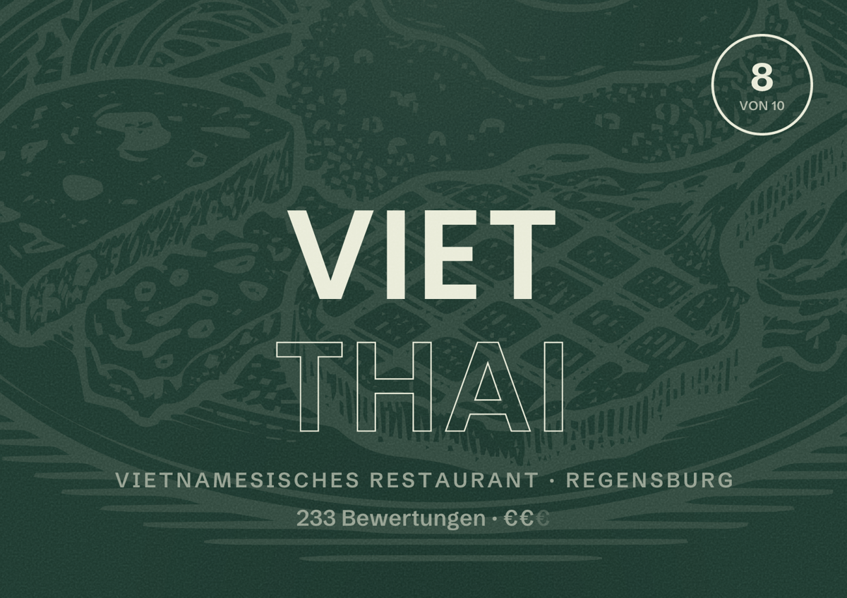 Illustriertes Poster von Viet Thai, Vietnamesisches Restaurant in Regensburg: Bewertung 8,0 von 10 aus 233 Bewertungen, Preisniveau €€