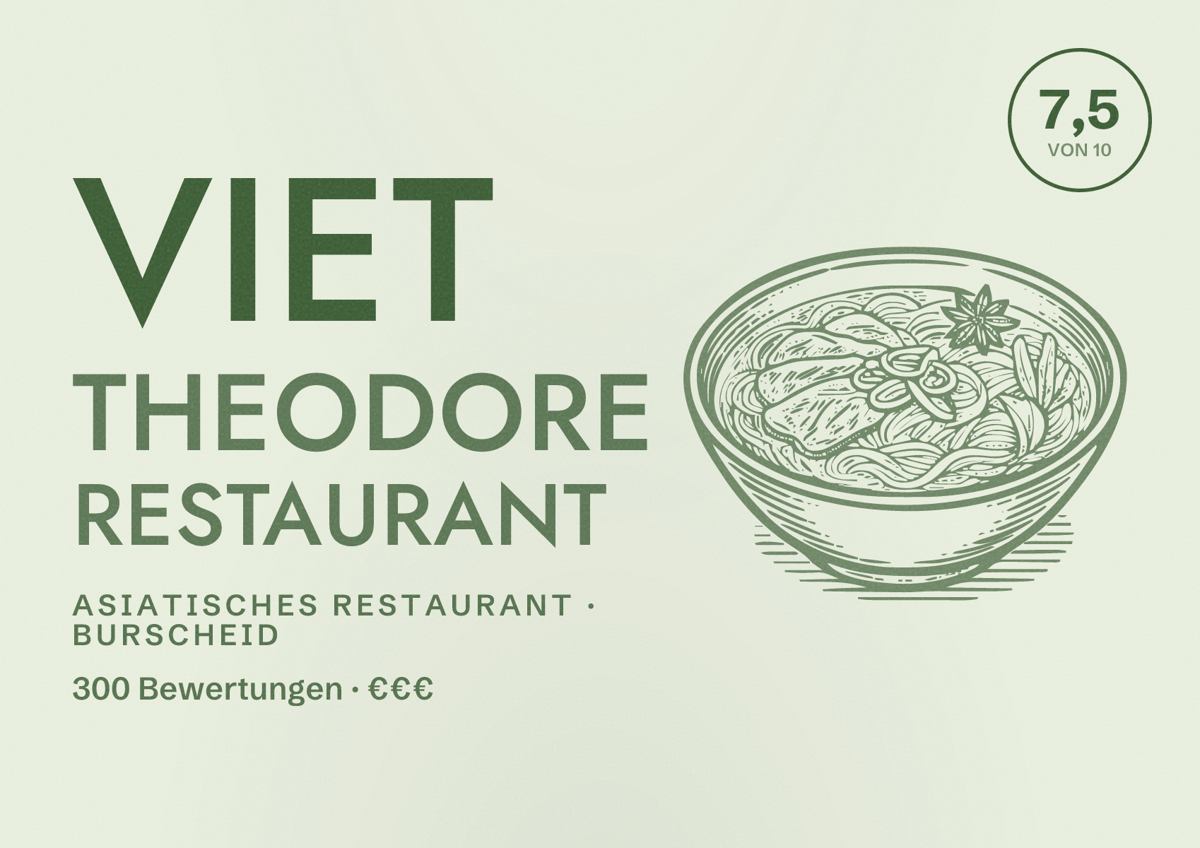Illustriertes Poster von Viet Theodore Restaurant, Asiatisches Restaurant in Burscheid: Bewertung 7,5 von 10 aus 300 Bewertungen, Preisniveau €€€