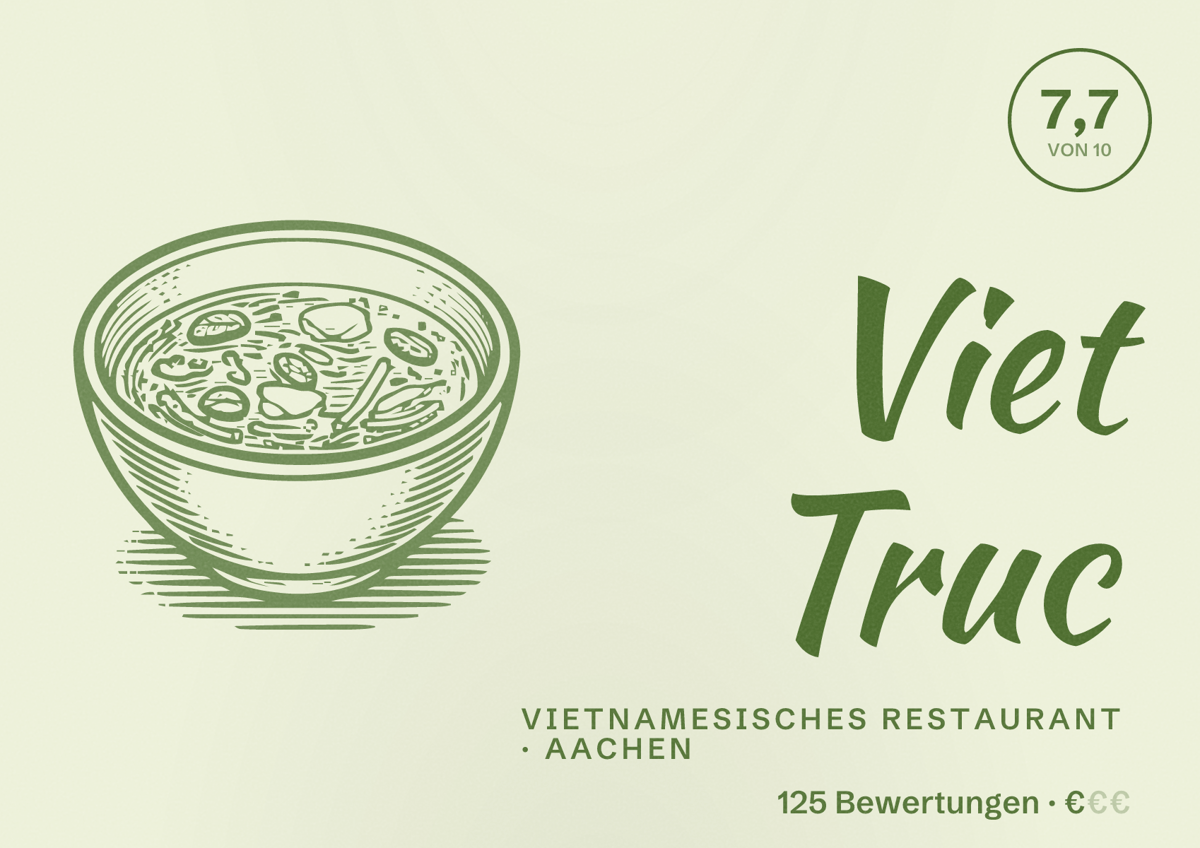 Illustriertes Poster von Viet Truc, Vietnamesisches Restaurant in Aachen: Bewertung 7,7 von 10 aus 125 Bewertungen, Preisniveau €