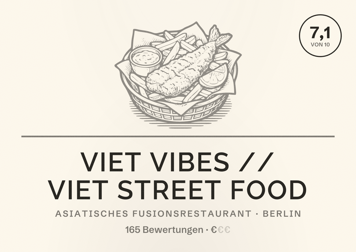 Illustriertes Poster von Viet Vibes // Viet Street Food, Asiatisches Fusionsrestaurant in Berlin: Bewertung 7,1 von 10 aus 165 Bewertungen, Preisniveau €