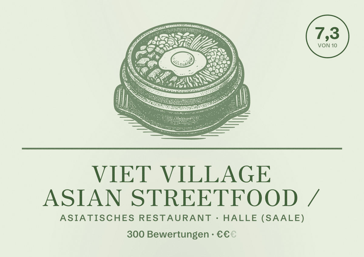 Illustriertes Poster von Viet Village Asian Streetfood /, Asiatisches Restaurant in Halle (Saale): Bewertung 7,3 von 10 aus 300 Bewertungen, Preisniveau €€