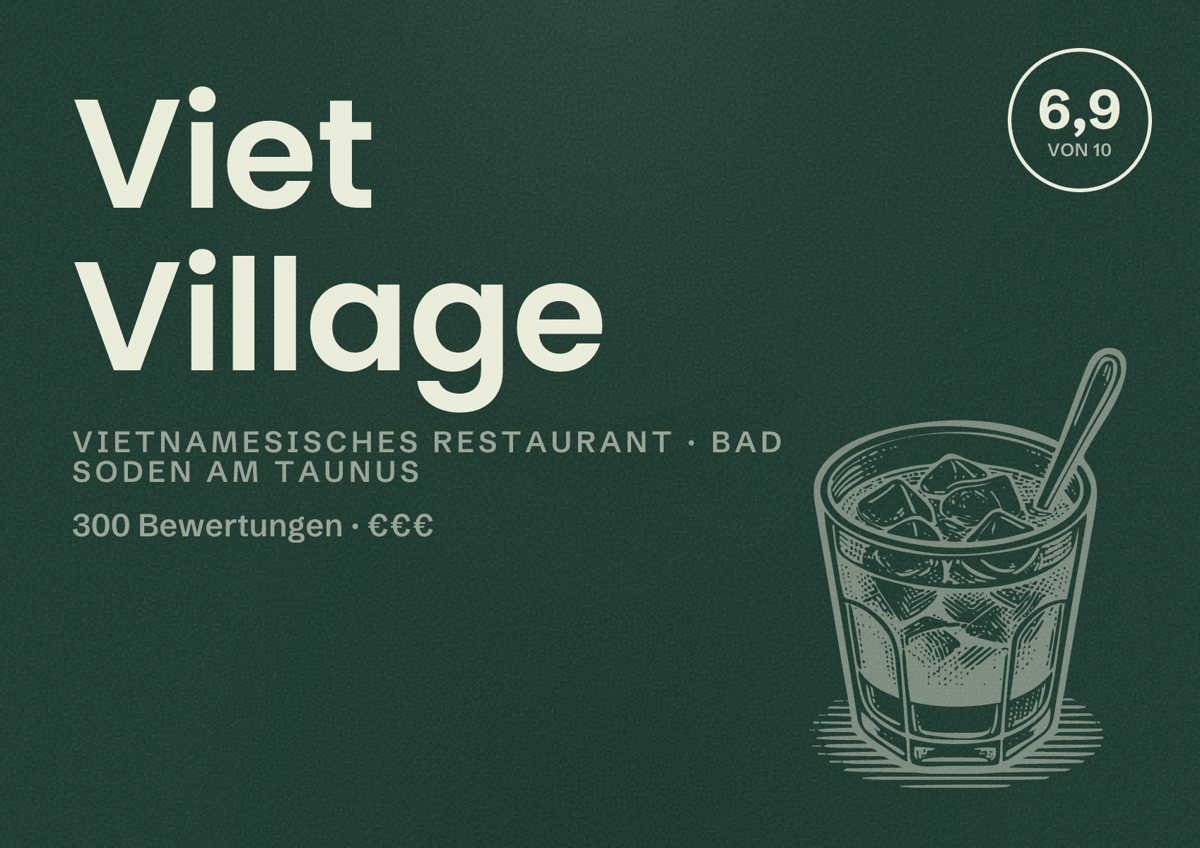 Illustriertes Poster von Viet Village, Vietnamesisches Restaurant in Bad Soden am Taunus: Bewertung 6,9 von 10 aus 300 Bewertungen, Preisniveau €€€