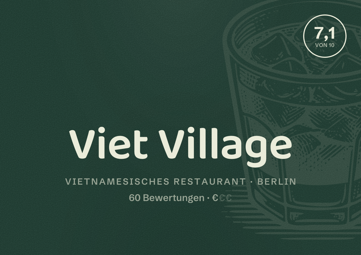 Illustriertes Poster von Viet Village, Vietnamesisches Restaurant in Berlin: Bewertung 7,1 von 10 aus 60 Bewertungen, Preisniveau €