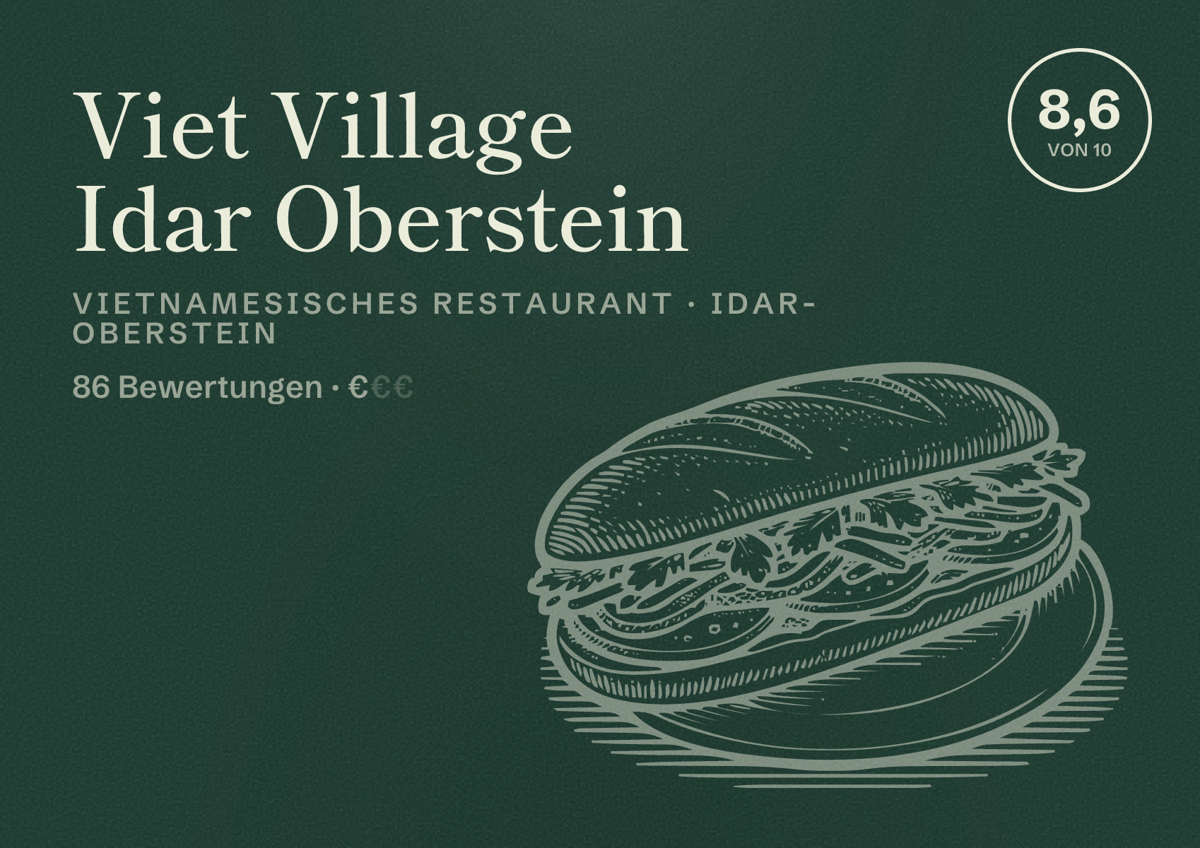 Illustriertes Poster von Viet Village Idar Oberstein, Vietnamesisches Restaurant in Idar-Oberstein: Bewertung 8,6 von 10 aus 86 Bewertungen, Preisniveau €