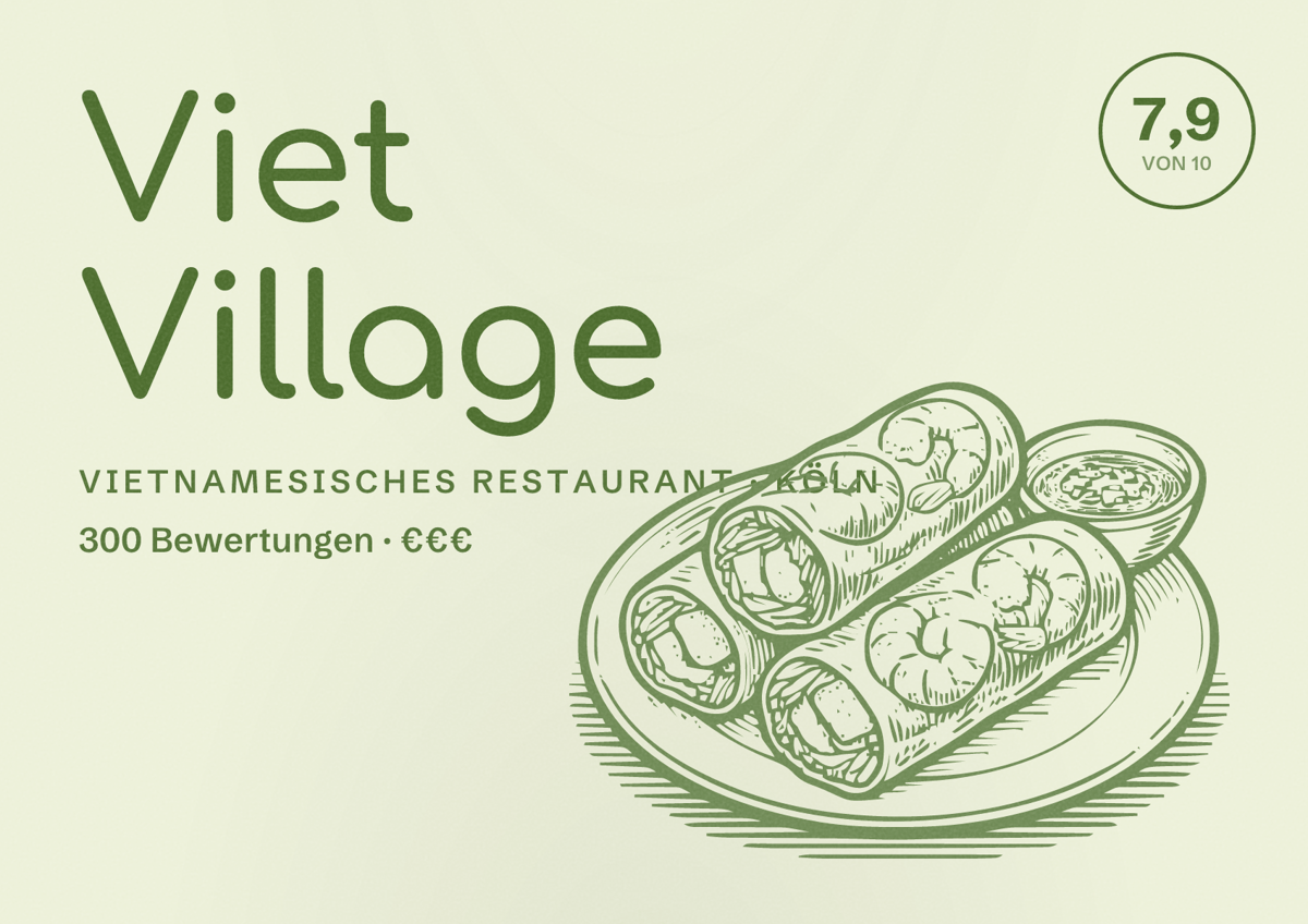 Illustriertes Poster von Viet Village, Vietnamesisches Restaurant in Köln: Bewertung 7,9 von 10 aus 300 Bewertungen, Preisniveau €€€