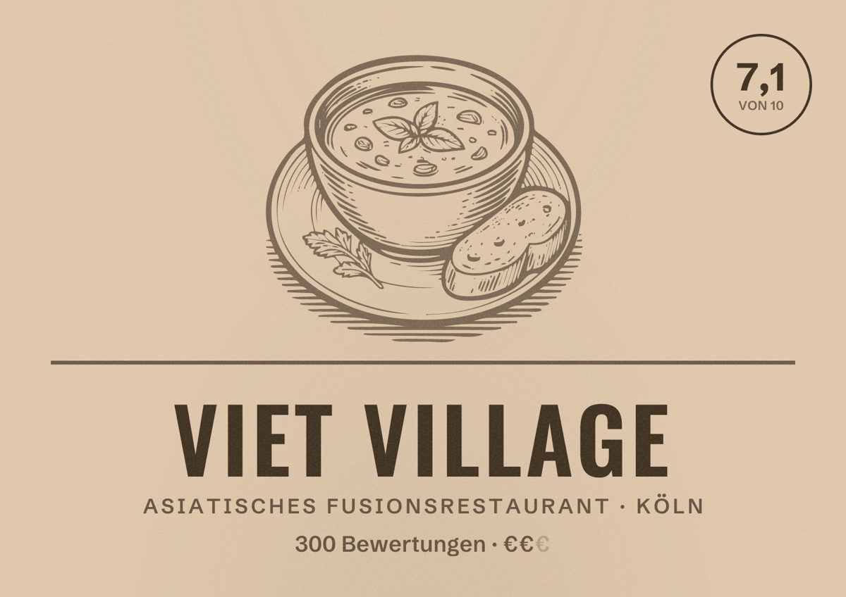 Illustriertes Poster von Viet Village, Asiatisches Fusionsrestaurant in Köln: Bewertung 7,1 von 10 aus 300 Bewertungen, Preisniveau €€