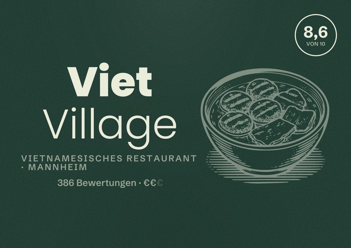 Illustriertes Poster von Viet Village, Vietnamesisches Restaurant in Mannheim: Bewertung 8,6 von 10 aus 386 Bewertungen, Preisniveau €€