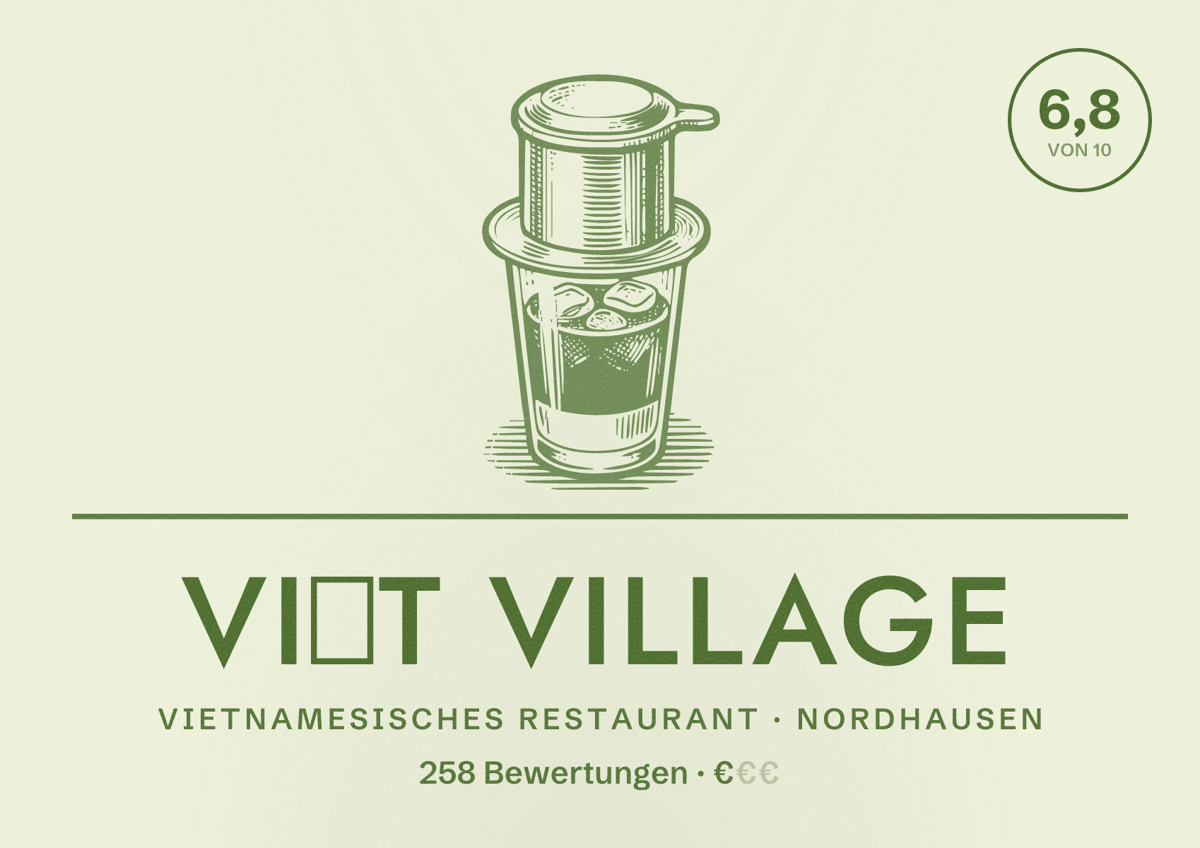Illustriertes Poster von Việt Village, Vietnamesisches Restaurant in Nordhausen: Bewertung 6,8 von 10 aus 258 Bewertungen, Preisniveau €