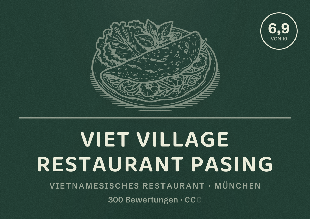 Illustriertes Poster von Viet Village Restaurant Pasing, Vietnamesisches Restaurant in München: Bewertung 6,9 von 10 aus 300 Bewertungen, Preisniveau €€