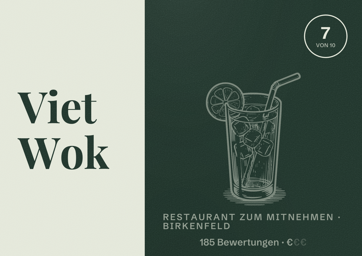 Illustriertes Poster von Viet Wok, Restaurant zum Mitnehmen in Birkenfeld: Bewertung 7 von 10 aus 185 Bewertungen, Preisniveau €