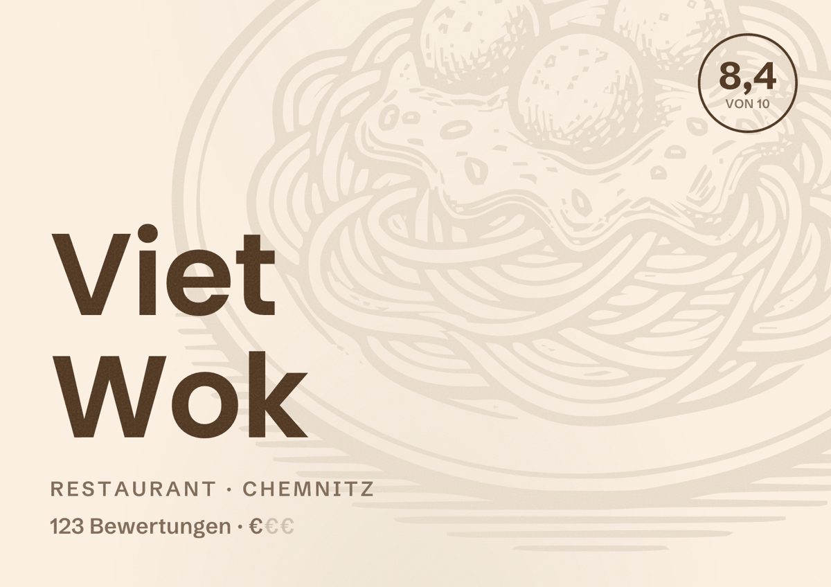 Illustriertes Poster von Viet Wok, Restaurant in Chemnitz: Bewertung 8,4 von 10 aus 123 Bewertungen, Preisniveau €