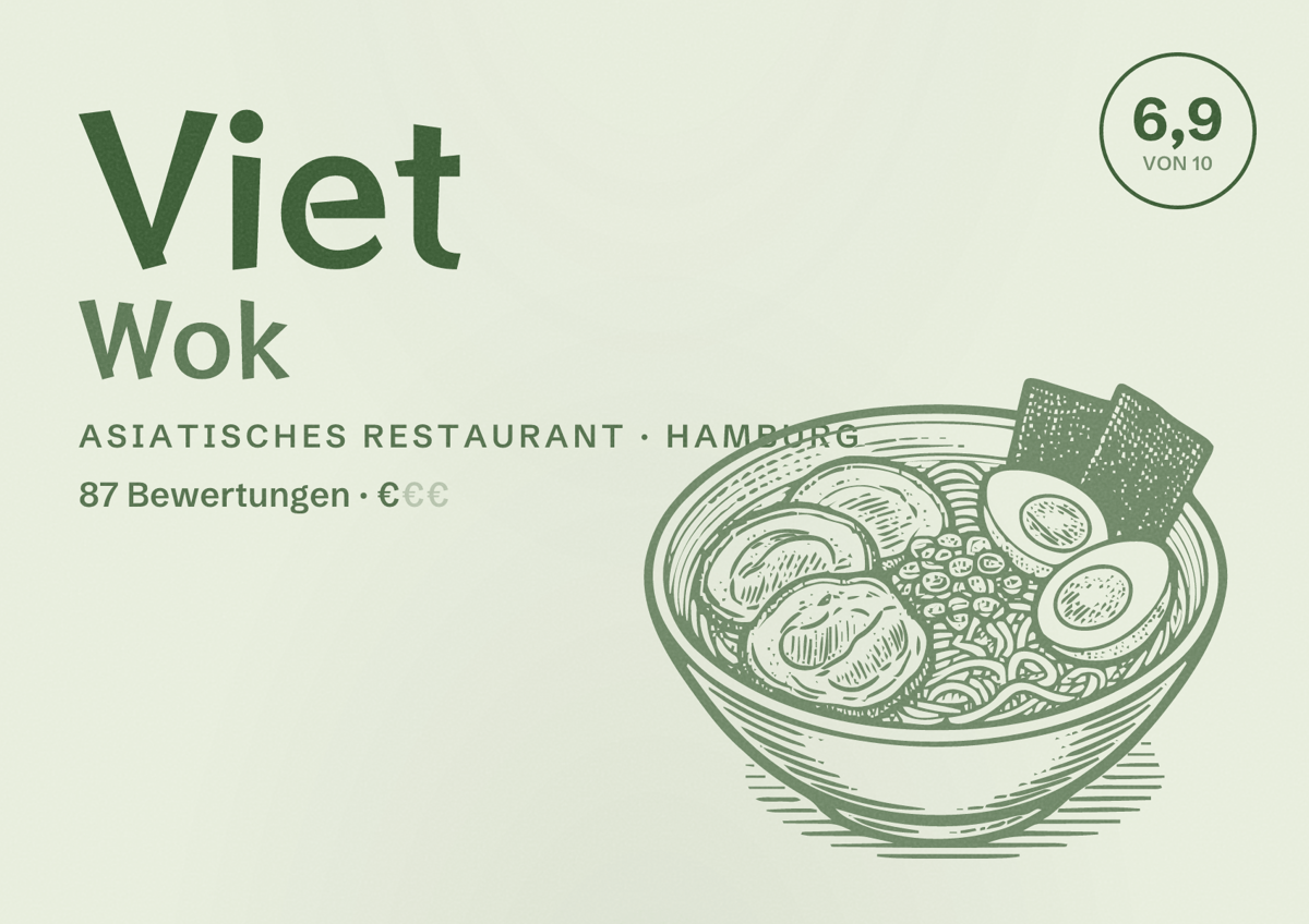 Illustriertes Poster von Viet Wok, Asiatisches Restaurant in Hamburg: Bewertung 6,9 von 10 aus 87 Bewertungen, Preisniveau €