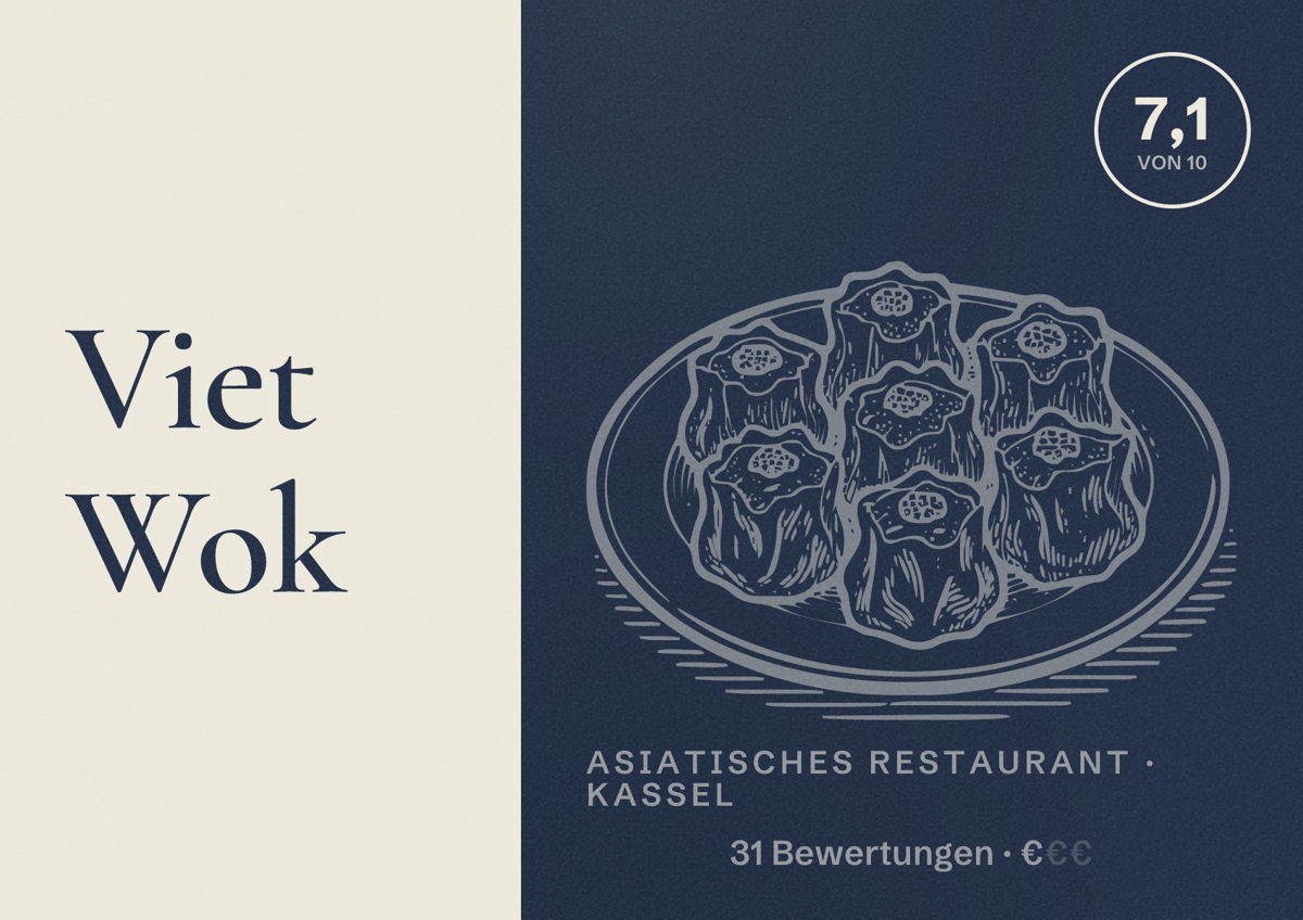 Illustriertes Poster von Viet Wok, Asiatisches Restaurant in Kassel: Bewertung 7,1 von 10 aus 31 Bewertungen, Preisniveau €