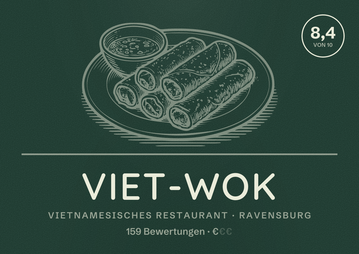 Illustriertes Poster von VIET-WOK, Vietnamesisches Restaurant in Ravensburg: Bewertung 8,4 von 10 aus 159 Bewertungen, Preisniveau €
