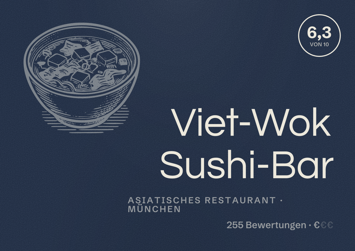 Illustriertes Poster von Viet-Wok Sushi-Bar, Asiatisches Restaurant in München: Bewertung 6,3 von 10 aus 255 Bewertungen, Preisniveau €