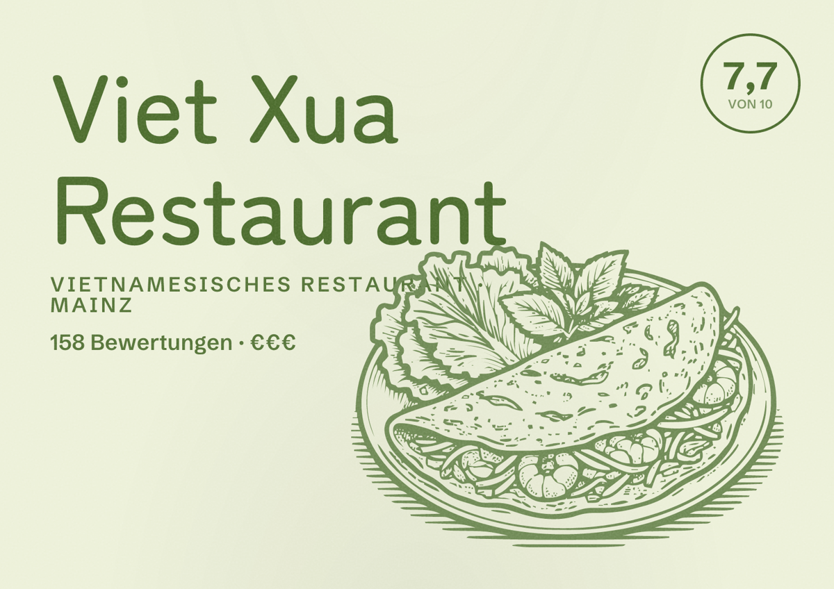 Illustriertes Poster von Viet Xua Restaurant, Vietnamesisches Restaurant in Mainz: Bewertung 7,7 von 10 aus 158 Bewertungen, Preisniveau €€€