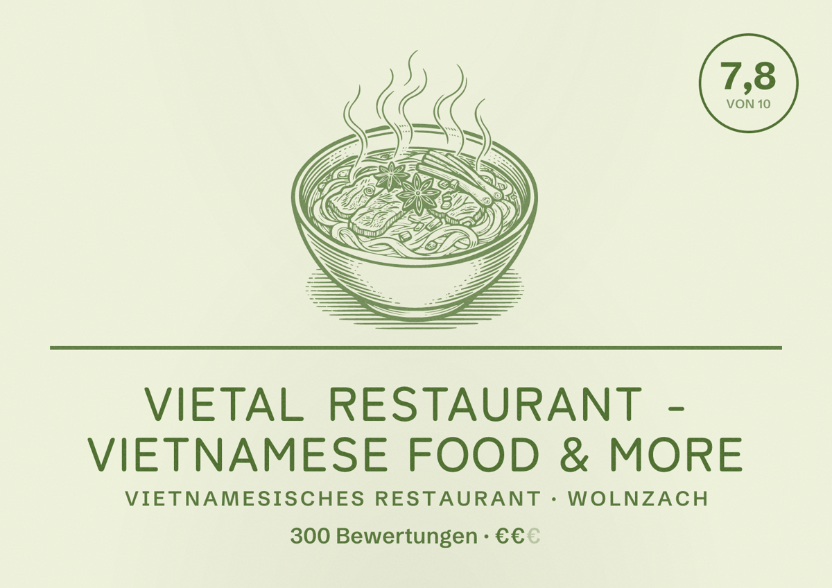 Illustriertes Poster von Vietal Restaurant - Vietnamese Food & More, Vietnamesisches Restaurant in Wolnzach: Bewertung 7,8 von 10 aus 300 Bewertungen, Preisniveau €€