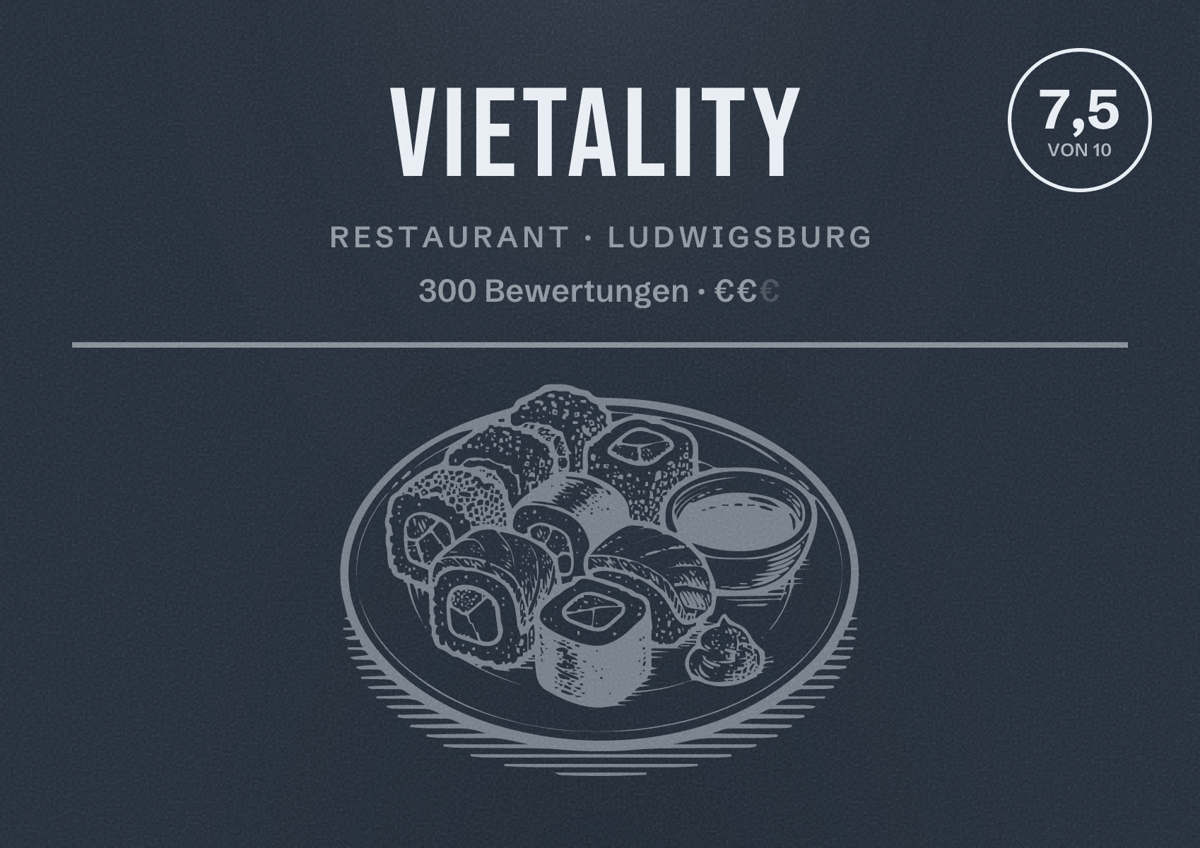 Illustriertes Poster von Vietality, Restaurant in Ludwigsburg: Bewertung 7,5 von 10 aus 300 Bewertungen, Preisniveau €€