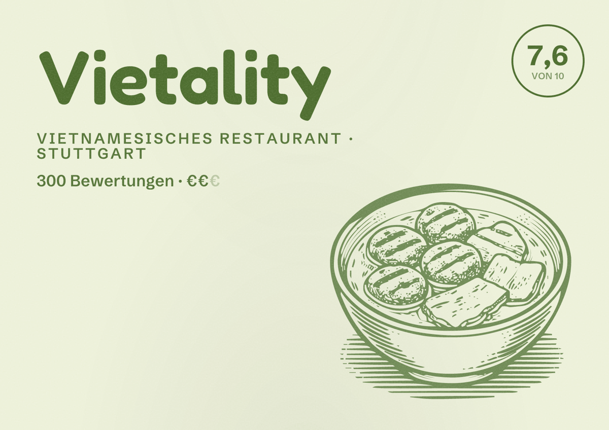 Illustriertes Poster von Vietality, Vietnamesisches Restaurant in Stuttgart: Bewertung 7,6 von 10 aus 300 Bewertungen, Preisniveau €€