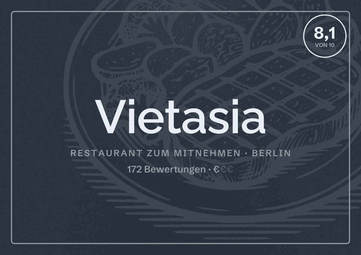 Illustriertes Poster von Vietasia, Restaurant zum Mitnehmen in Berlin: Bewertung 8,1 von 10 aus 172 Bewertungen, Preisniveau €