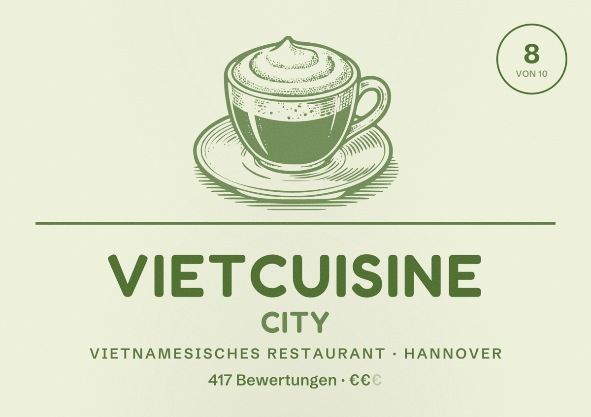 Illustriertes Poster von VietCuisine City, Vietnamesisches Restaurant in Hannover: Bewertung 8,0 von 10 aus 417 Bewertungen, Preisniveau €€