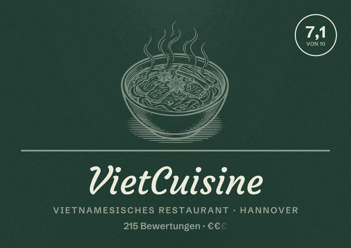 Illustriertes Poster von VietCuisine, Vietnamesisches Restaurant in Hannover: Bewertung 7,1 von 10 aus 215 Bewertungen, Preisniveau €€