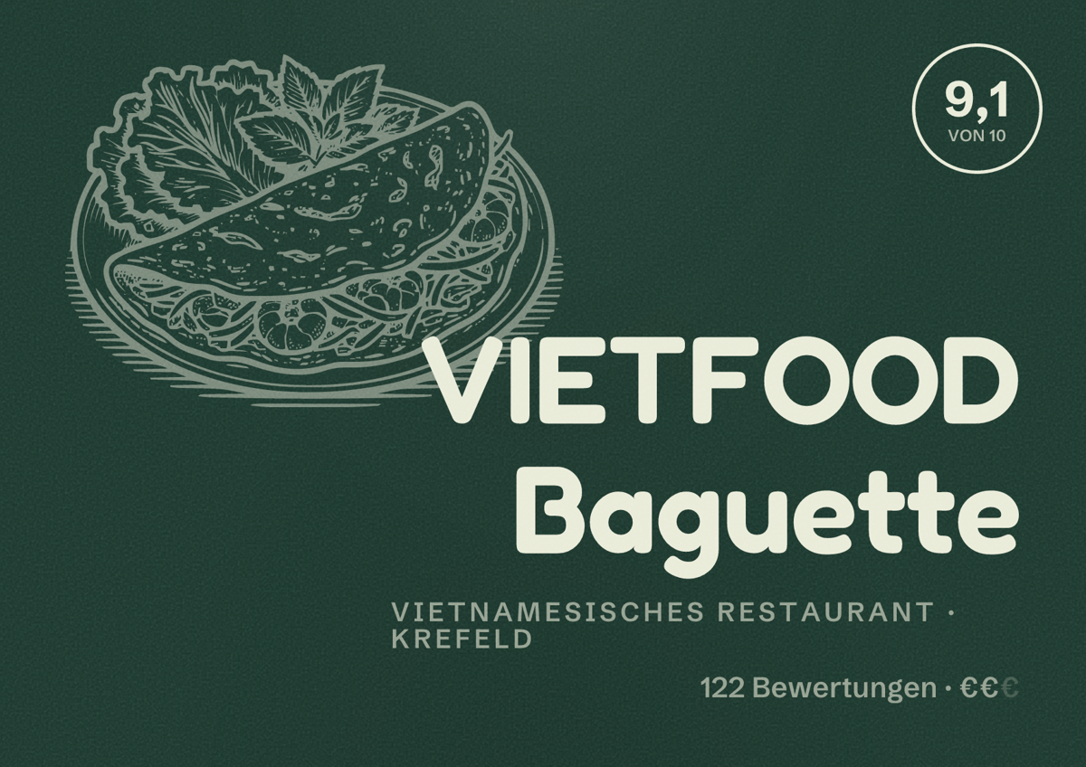 Illustriertes Poster von VIETFOOD Baguette, Vietnamesisches Restaurant in Krefeld: Bewertung 9,1 von 10 aus 122 Bewertungen, Preisniveau €€