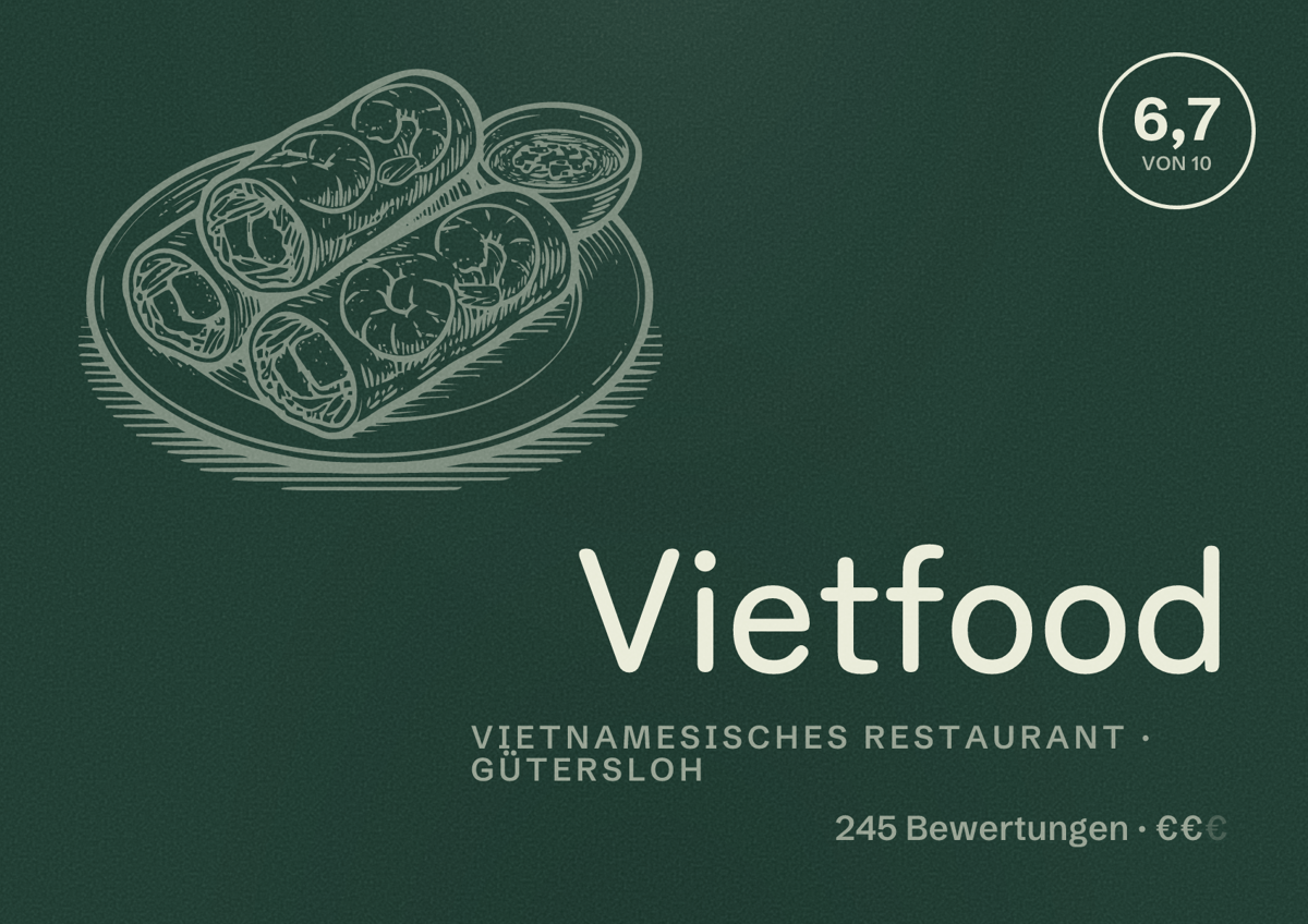 Illustriertes Poster von Vietfood, Vietnamesisches Restaurant in Gütersloh: Bewertung 6,7 von 10 aus 245 Bewertungen, Preisniveau €€