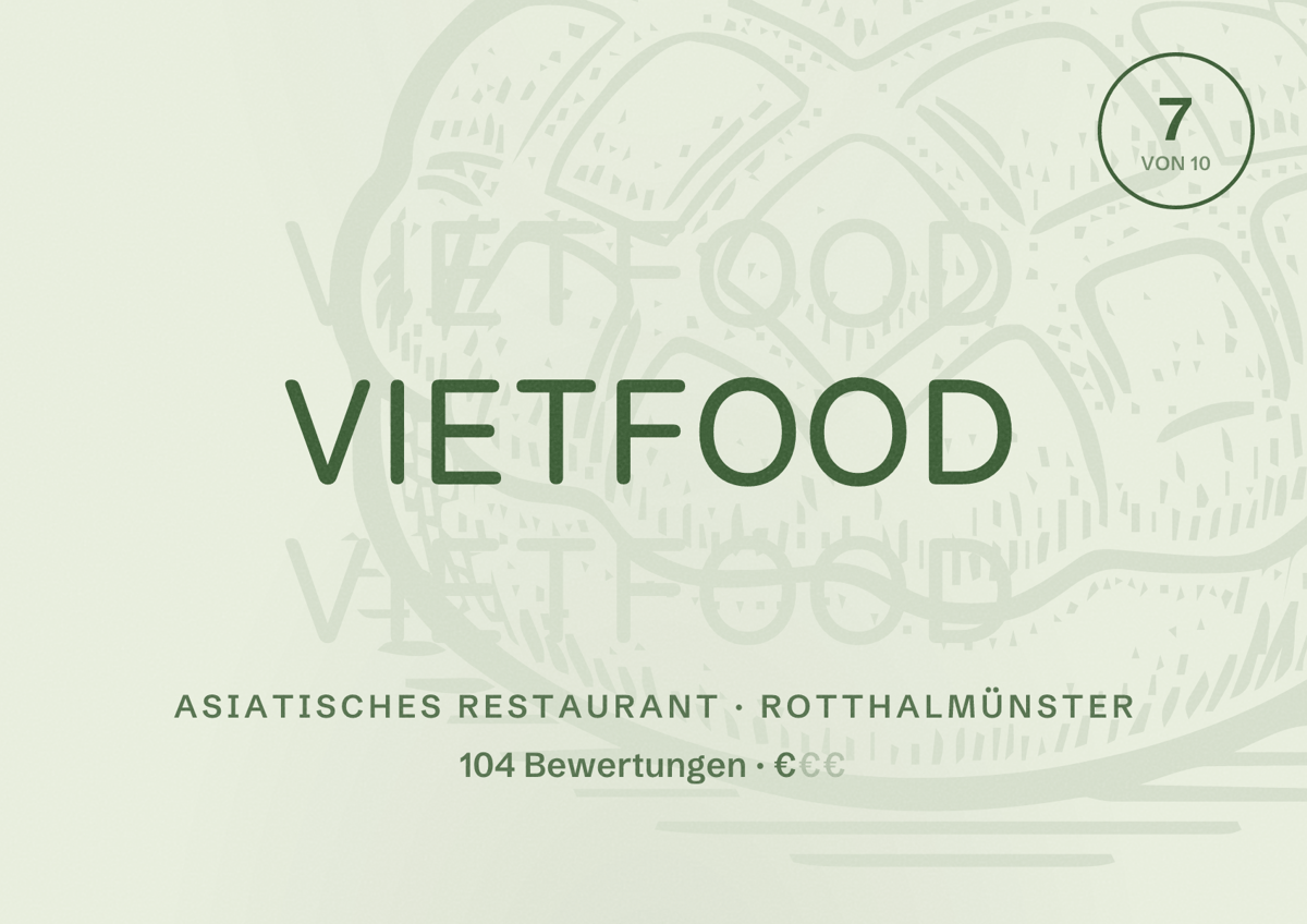 Illustriertes Poster von Vietfood, Asiatisches Restaurant in Rotthalmünster: Bewertung 7 von 10 aus 104 Bewertungen, Preisniveau €