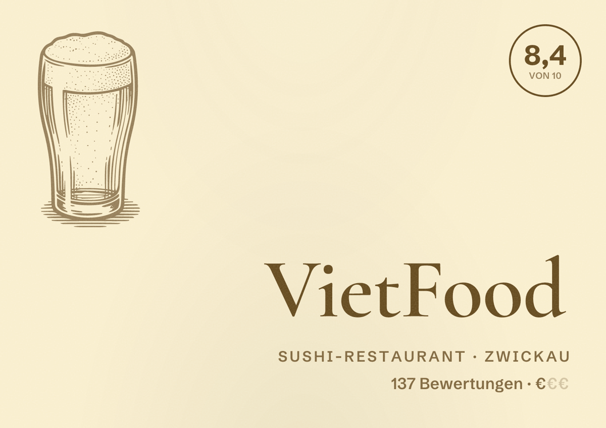 Illustriertes Poster von VietFood, Sushi-Restaurant in Zwickau: Bewertung 8,4 von 10 aus 137 Bewertungen, Preisniveau €