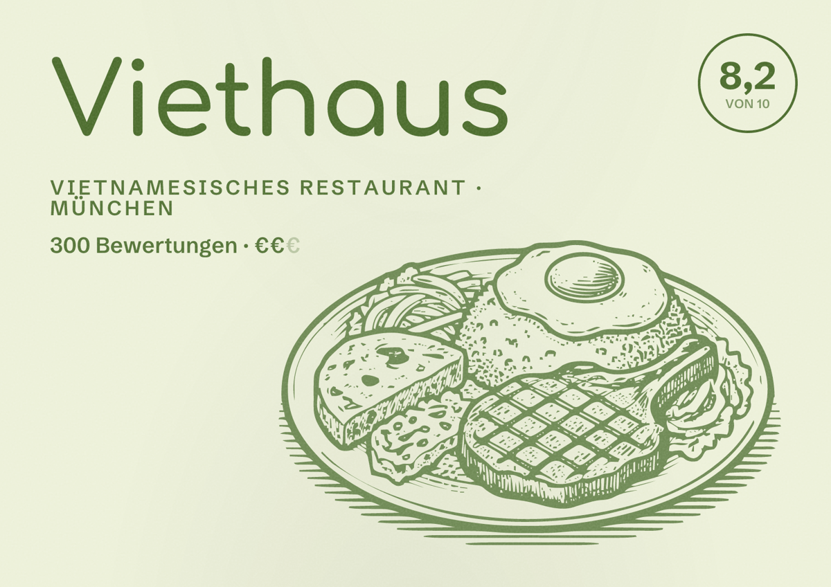 Illustriertes Poster von Viethaus, Vietnamesisches Restaurant in München: Bewertung 8,2 von 10 aus 300 Bewertungen, Preisniveau €€
