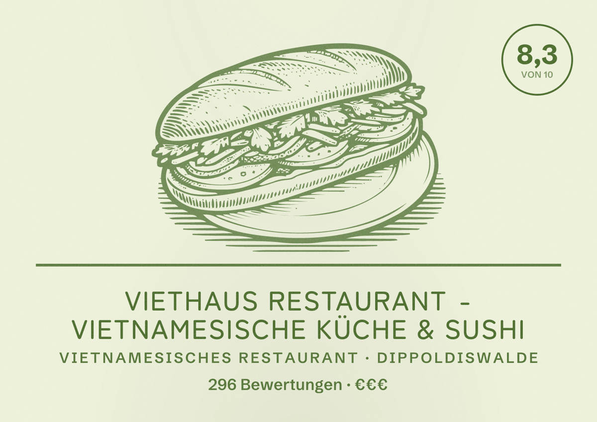 Illustriertes Poster von VietHaus Restaurant - Vietnamesische Küche & Sushi, Vietnamesisches Restaurant in Dippoldiswalde: Bewertung 8,3 von 10 aus 296 Bewertungen, Preisniveau €€€