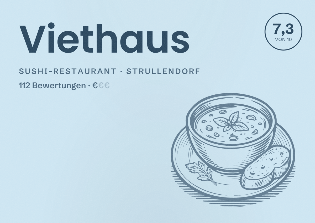 Illustriertes Poster von Viethaus, Sushi-Restaurant in Strullendorf: Bewertung 7,3 von 10 aus 112 Bewertungen, Preisniveau €