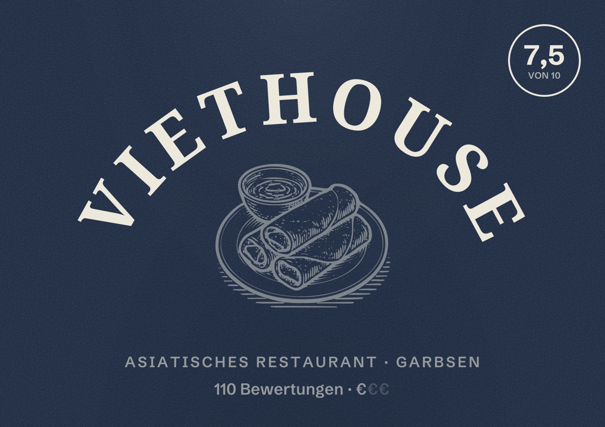 Illustriertes Poster von Viethouse, Asiatisches Restaurant in Garbsen: Bewertung 7,5 von 10 aus 110 Bewertungen, Preisniveau €