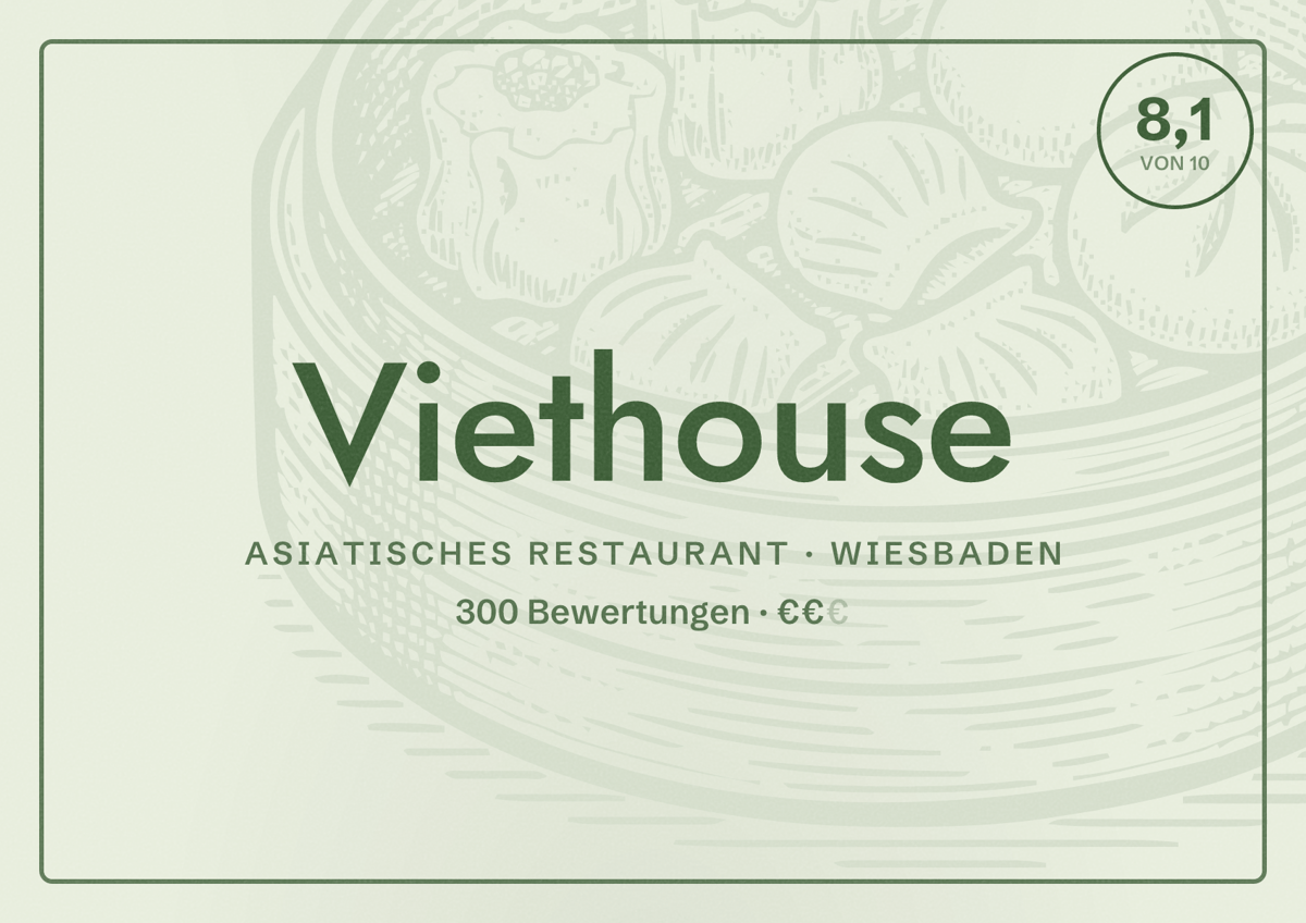 Illustriertes Poster von Viethouse, Asiatisches Restaurant in Wiesbaden: Bewertung 8,1 von 10 aus 300 Bewertungen, Preisniveau €€