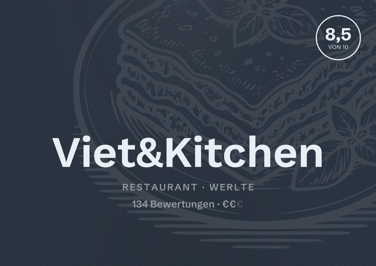 Illustriertes Poster von Viet&Kitchen, Restaurant in Werlte: Bewertung 8,5 von 10 aus 134 Bewertungen, Preisniveau €€