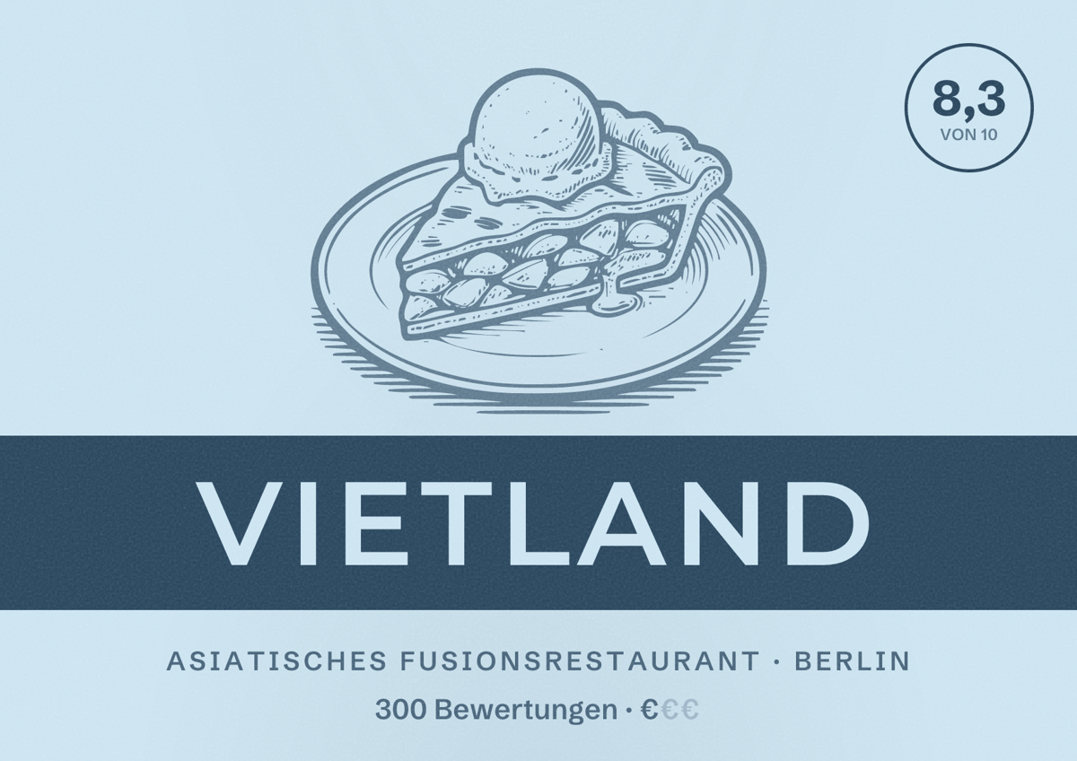 Illustriertes Poster von Vietland, Asiatisches Fusionsrestaurant in Berlin: Bewertung 8,3 von 10 aus 300 Bewertungen, Preisniveau €