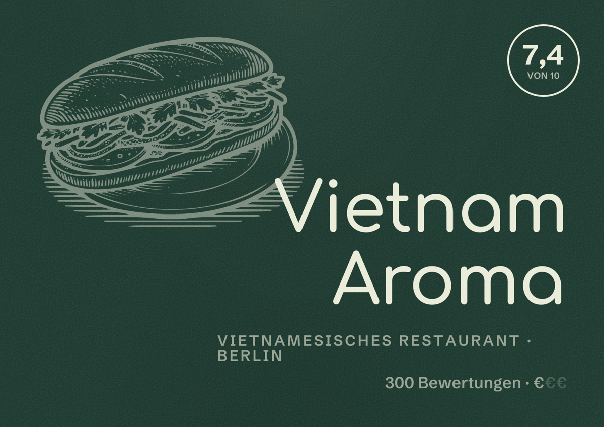 Illustriertes Poster von Vietnam Aroma, Vietnamesisches Restaurant in Berlin: Bewertung 7,4 von 10 aus 300 Bewertungen, Preisniveau €