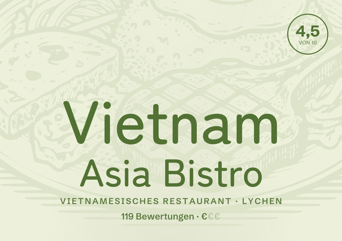 Illustriertes Poster von Vietnam Asia Bistro, Vietnamesisches Restaurant in Lychen: Bewertung 4,5 von 10 aus 119 Bewertungen, Preisniveau €