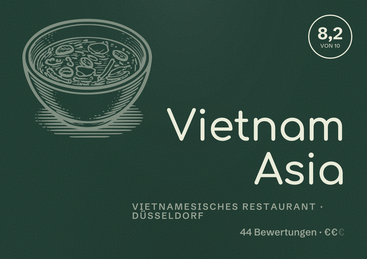 Illustriertes Poster von Vietnam Asia, Vietnamesisches Restaurant in Düsseldorf: Bewertung 8,2 von 10 aus 44 Bewertungen, Preisniveau €€