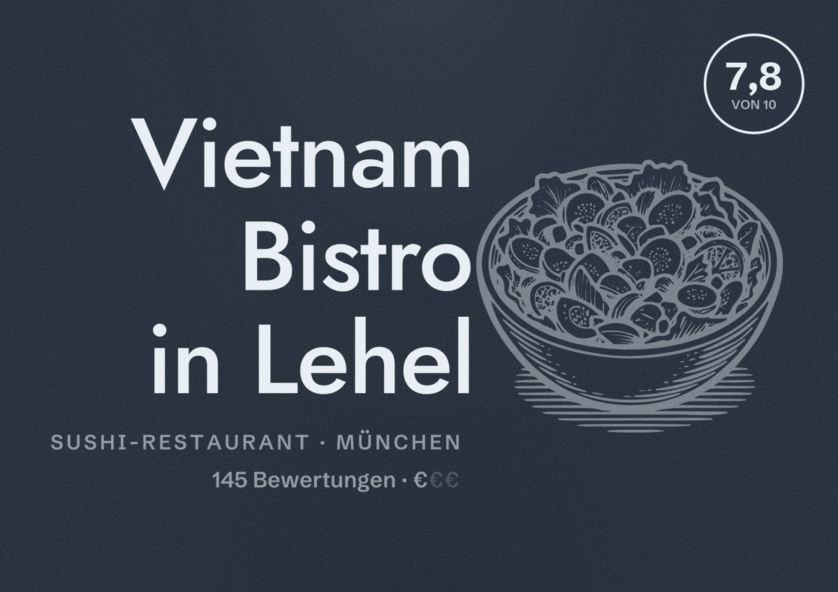 Illustriertes Poster von Vietnam Bistro in Lehel, Sushi-Restaurant in München: Bewertung 7,8 von 10 aus 145 Bewertungen, Preisniveau €