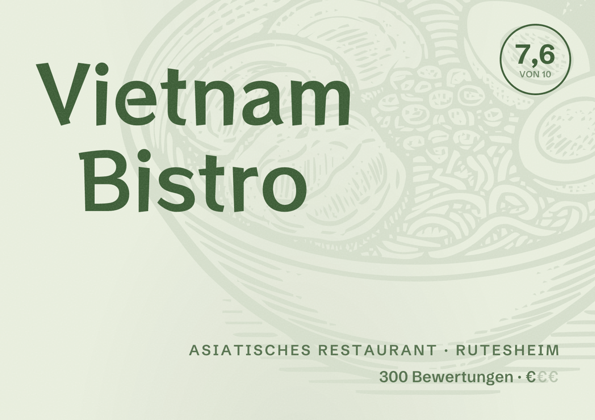 Illustriertes Poster von Vietnam Bistro, Asiatisches Restaurant in Rutesheim: Bewertung 7,6 von 10 aus 300 Bewertungen, Preisniveau €