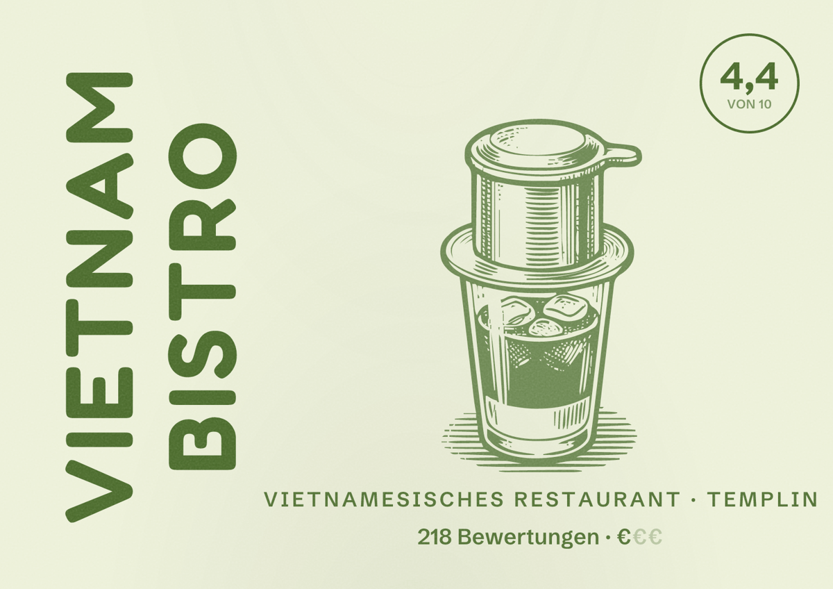 Illustriertes Poster von Vietnam Bistro, Vietnamesisches Restaurant in Templin: Bewertung 4,4 von 10 aus 218 Bewertungen, Preisniveau €