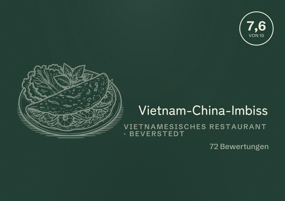 Illustriertes Poster von Vietnam-China-Imbiss, Vietnamesisches Restaurant in Beverstedt: Bewertung 7,6 von 10 aus 72 Bewertungen