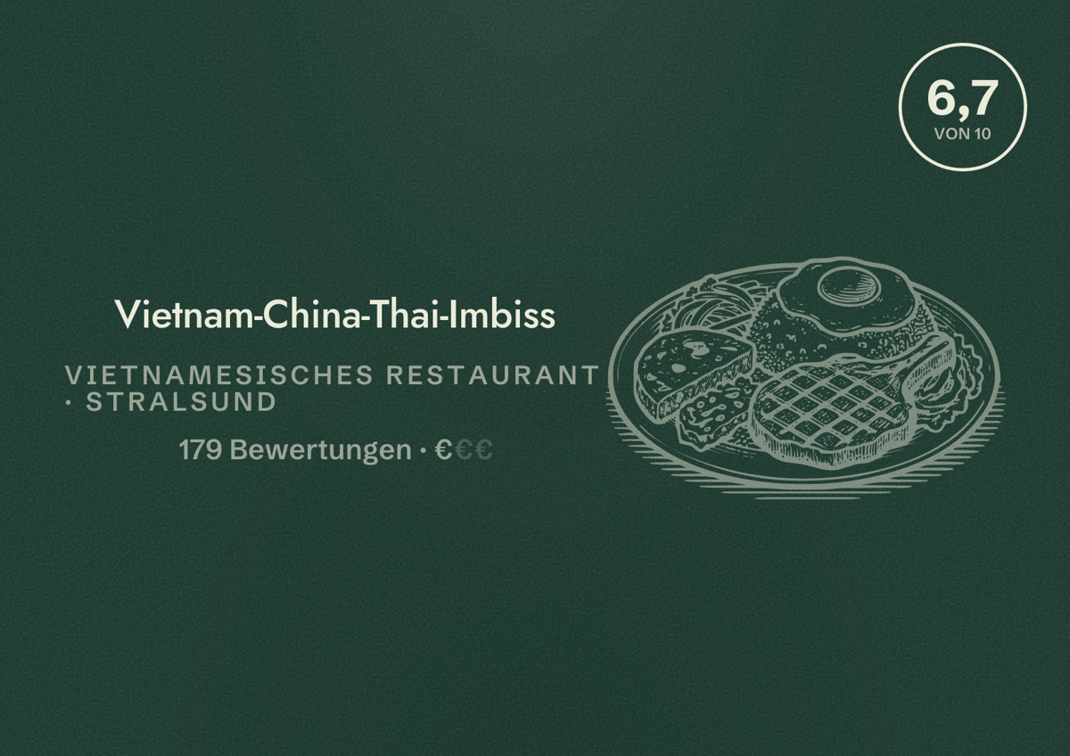 Illustriertes Poster von Vietnam-China-Thai-Imbiss, Vietnamesisches Restaurant in Stralsund: Bewertung 6,7 von 10 aus 179 Bewertungen, Preisniveau €