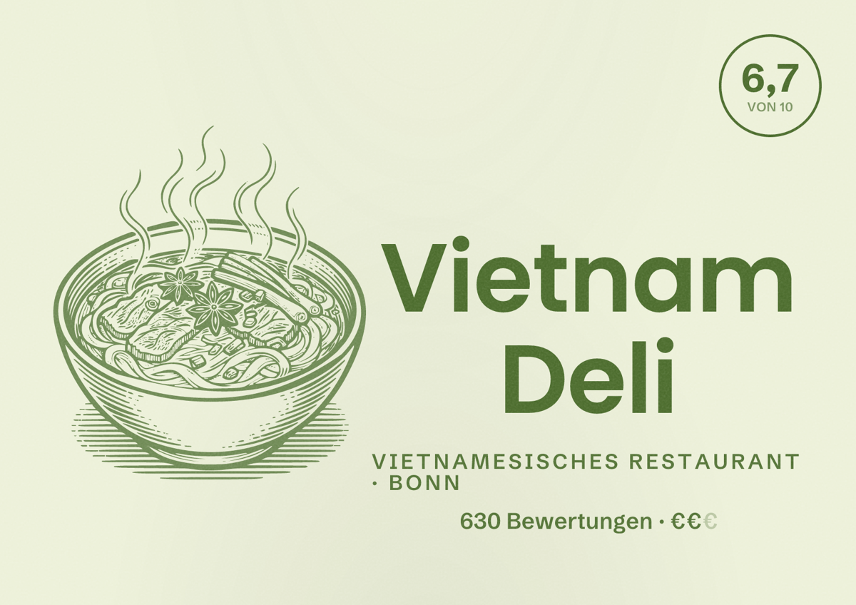 Illustriertes Poster von Vietnam Deli, Vietnamesisches Restaurant in Bonn: Bewertung 6,7 von 10 aus 630 Bewertungen, Preisniveau €€