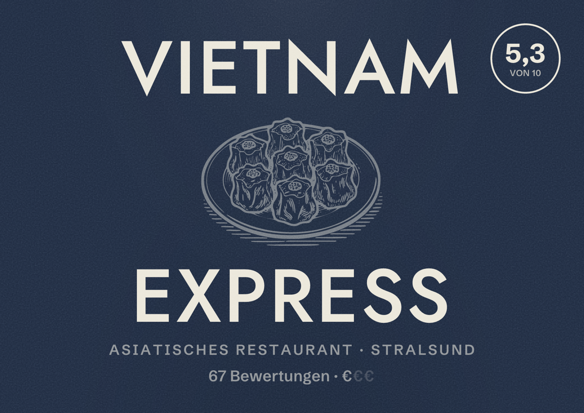 Illustriertes Poster von Vietnam Express, Asiatisches Restaurant in Stralsund: Bewertung 5,3 von 10 aus 67 Bewertungen, Preisniveau €