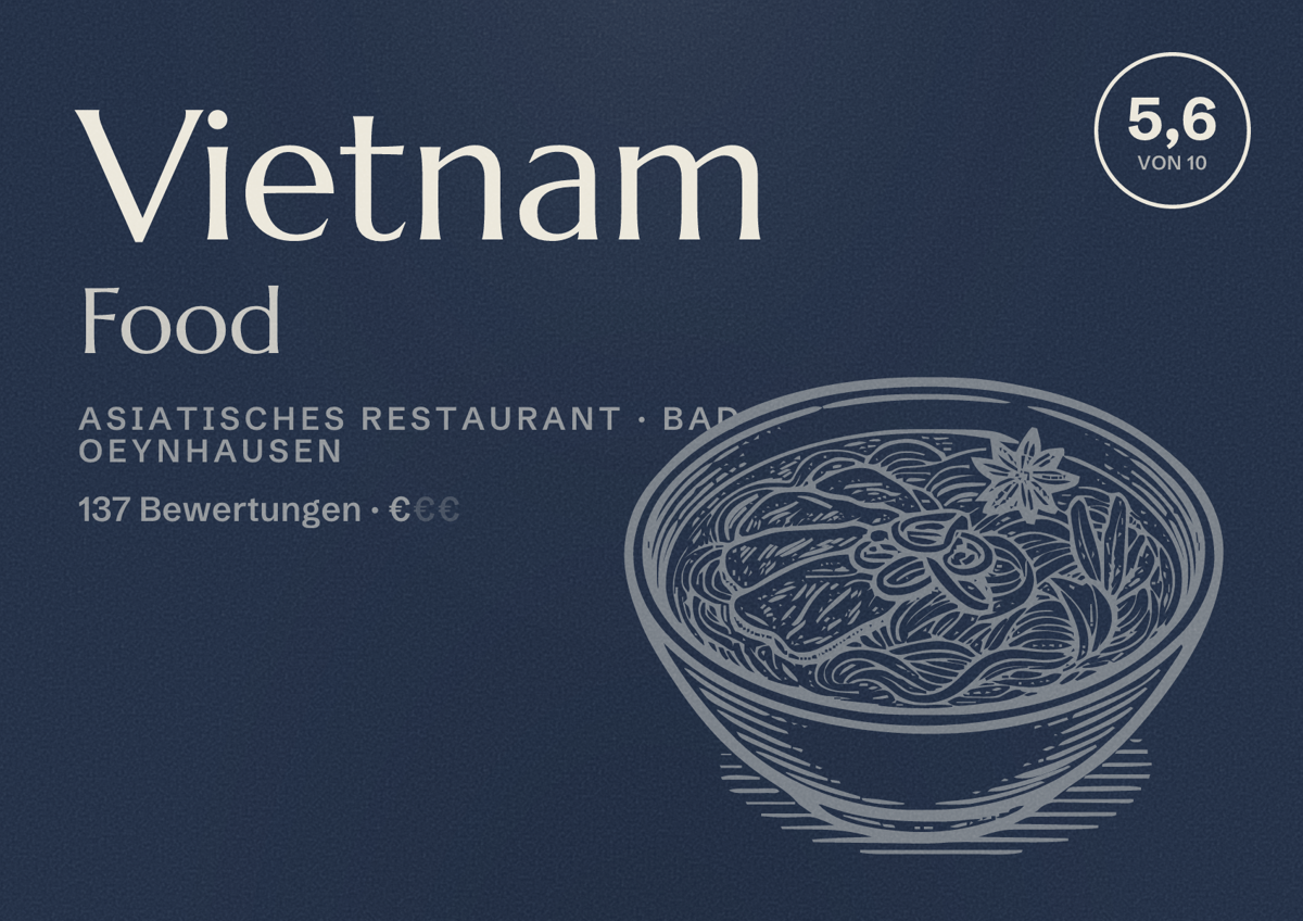 Illustriertes Poster von Vietnam Food, Asiatisches Restaurant in Bad Oeynhausen: Bewertung 5,6 von 10 aus 137 Bewertungen, Preisniveau €
