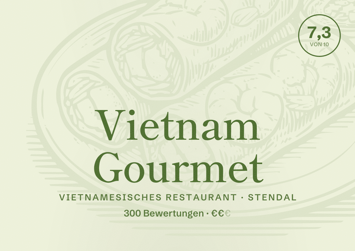 Illustriertes Poster von Vietnam Gourmet, Vietnamesisches Restaurant in Stendal: Bewertung 7,3 von 10 aus 300 Bewertungen, Preisniveau €€