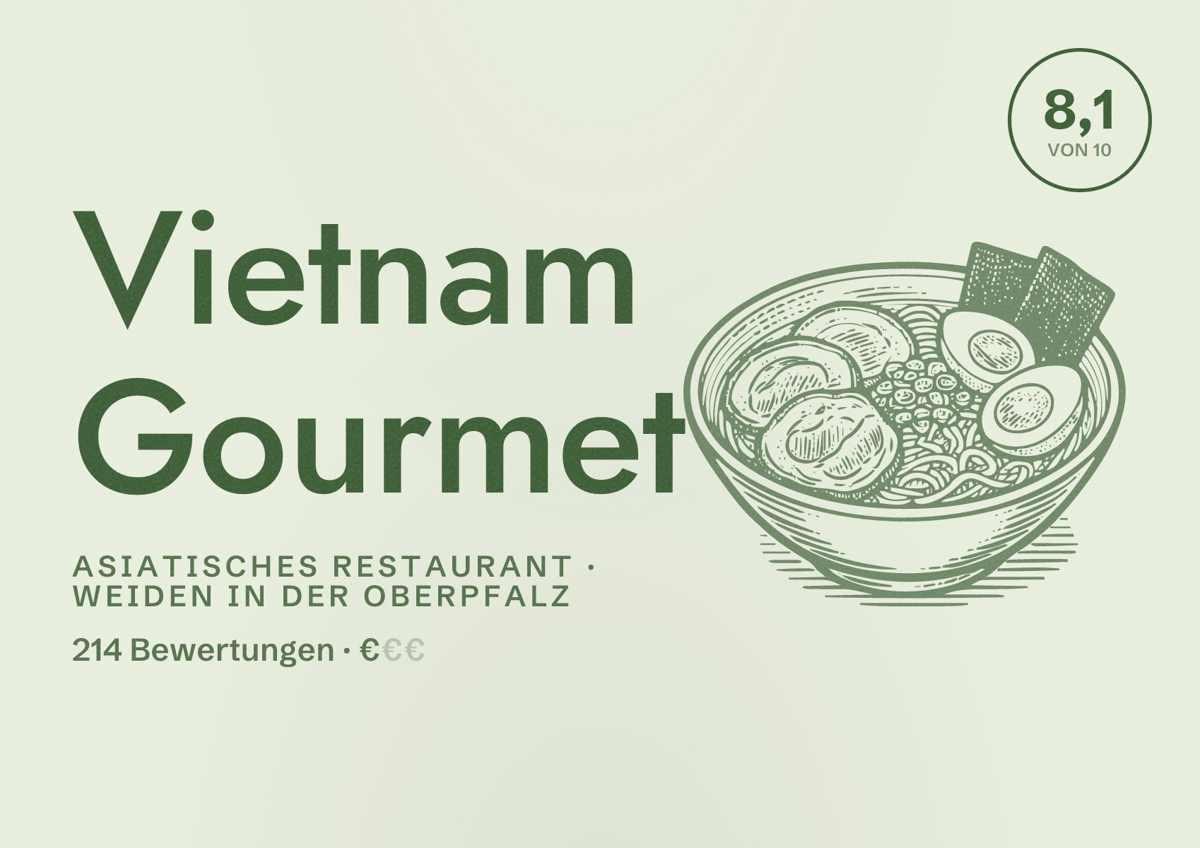 Illustriertes Poster von Vietnam Gourmet, Asiatisches Restaurant in Weiden in der Oberpfalz: Bewertung 8,1 von 10 aus 214 Bewertungen, Preisniveau €